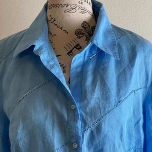 Anne Carson Beeaded 100% Linen Sky Blue 3/4 Sleeve‎ Button Down Shirt Size M